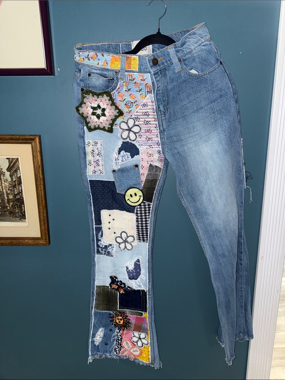 BDG Light Blue Straight Leg Jeans with Multicolor Patchwork
